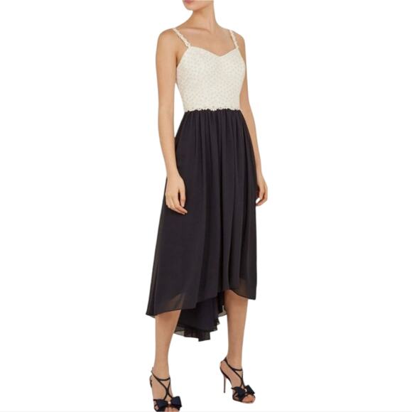 NWT Ted Baker Rosemary Daisy Embroidered Dip Hem Chiffon Pleat Midi Dress Navy 8 - Picture 6 of 13